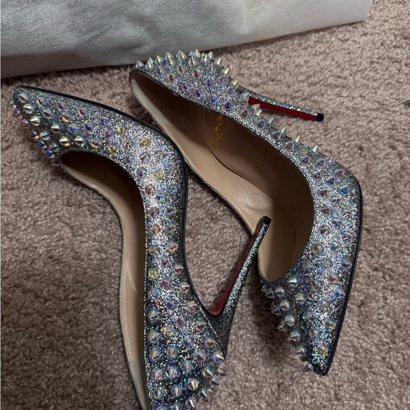 RARE Christian Louboutin Studded Silver & Suede Holographic Heels - Picture 14 of 16